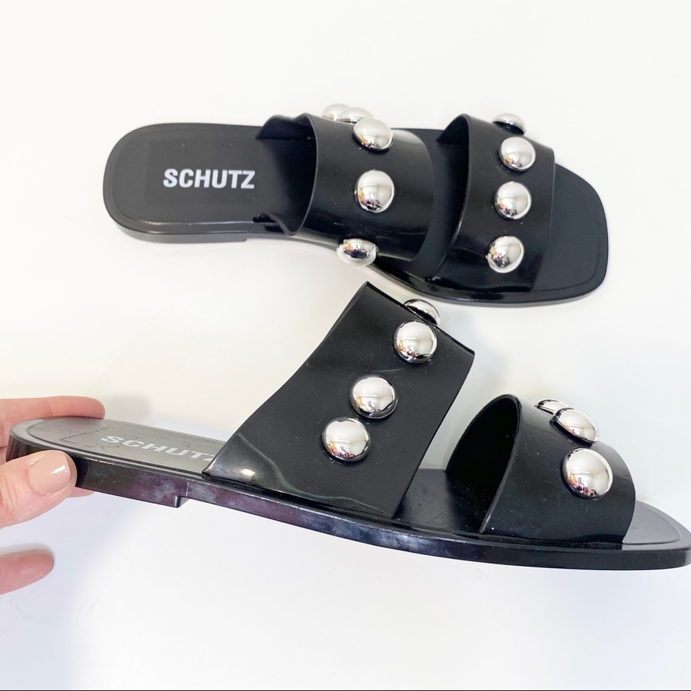 NWOT SCHUTZ Lizzie Studded Flat Sandals jelly black studs sandal black silver 8